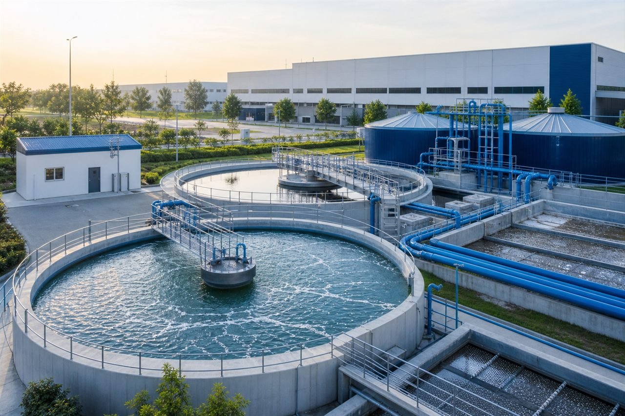 Outdoor biological wastewater treatment and clarification plant